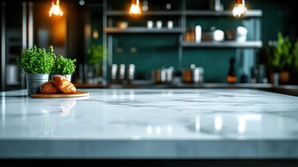 A contemporary kitchen features a sleek marble countertop adorned with freshly baked bread, set against a backdrop of shelves and warm ambient lighting.