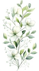 Delicate White Floral Illustration Featuring Lush Greenery and Graceful Leaves, Perfect for Nature-Inspired Designs and Light, Airy Aesthetics in Home Decor and Stationery