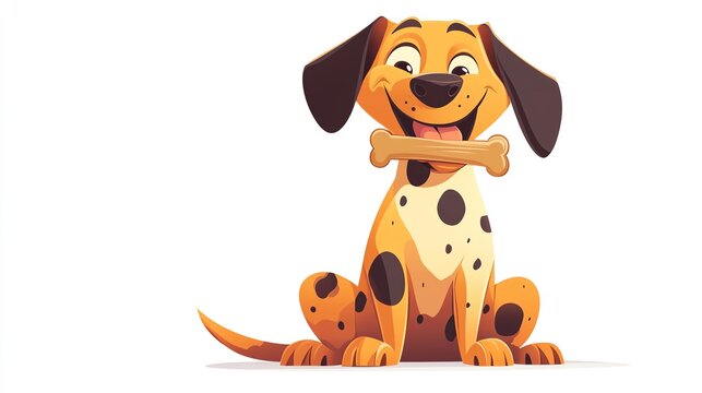 a 2D cartoon illustration of a dog with a bone in its mouth, happy and playful, white background--ar 16:9