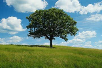 A solitary oak tree on a grassy hilltop beneath a bright blue sky filled with white clouds, capturing the essence of nature's tranquility.