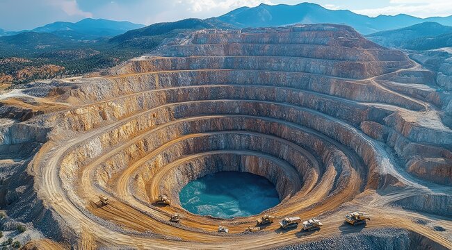 Aerial view of a large open-pit mine with machinery working in the foreground.