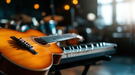A beautifully crafted acoustic guitar is gracefully placed on an electronic keyboard, set in a warmly lit music studio, ideal for creativity and inspiration.