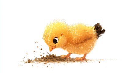 a 2D cartoon illustration of a baby chick pecking at the ground, cute and tiny, white background--ar 16:9