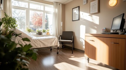 A well-lit hospital room featuring a bed near a large window, computer for medical records, plants for a touch of nature, and clean, modern furnishings.