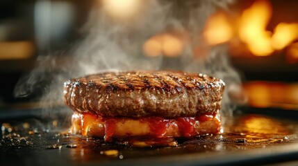 A delectable grilled burger patty sizzling on a hot plate, adorned with melted cheese and fresh tomato, releasing steam and an inviting aroma of deliciousness.