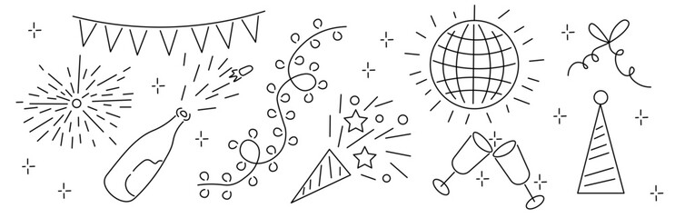 Celebrating icons in doodle style in vector. Elements for poster sticker design logo decoration on birthday, new year, Christmas