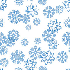 Seamless pattern with blue snowflakes in doodle style in vector on white background. Element for decoration postcards poster print background backdrop wrapping wallpaper banner