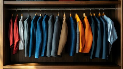 An organized wardrobe displaying a variety of men's jackets in different colors and textures, creating a stylish and sophisticated look for the modern wardrobe.