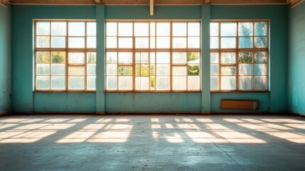 Sunlight casts patterns through three expansive windows in an empty teal room, offering a serene and peaceful atmosphere suitable for contemplation and reflection.