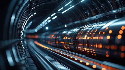 Fototapeta premium Futuristic underground tunnel with glowing lights and transport tracks.