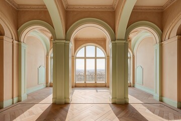 Vintage Airy Panoramic Artwork in Warm Beige and Mint Tones with Classic Arches