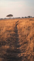 An empty scene featuring blank mockup template filled with a single cheetah track in the dusty savanna, representing the journey of conservation for International Cheetah Day, 