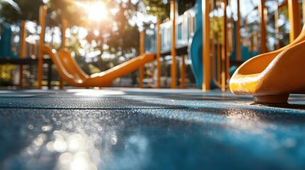 Sunlight glows over a playground drenched in golden hour light, evoking a sense of nostalgia and timeless joy in an outdoor childhood play area.