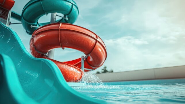 A bright red and teal water slide in a sunny outdoor aquatic park, capturing the thrill and excitement of summertime fun and adventure for families and friends. - Powered by Adobe