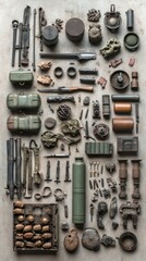 Obraz premium A collection of military surplus equipment, tools, and supplies, including a rifle, a canteen, a compass, a gas mask, and a first-aid kit.