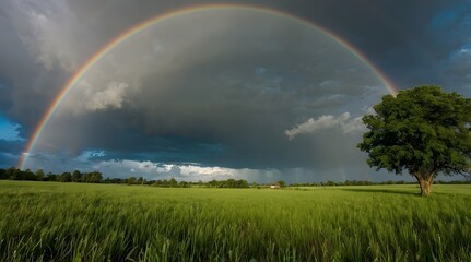A bright rainbow stretching across a clear blue sky after rain