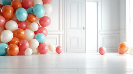 A vibrant cluster of colorful balloons leans against a pristine white door, creating a playful, festive atmosphere suggestive of celebrations or events.