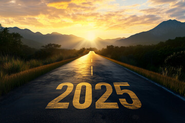 2025 New Year concept. Road trip, travel and future vision. Nature landscape with highway road leading forward to happy new year celebration for fresh and successful start