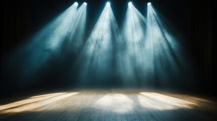 A beautifully lit empty stage with beams of light cutting through smoke, creating a visually striking ambiance perfect for performances or dramatic scenes.