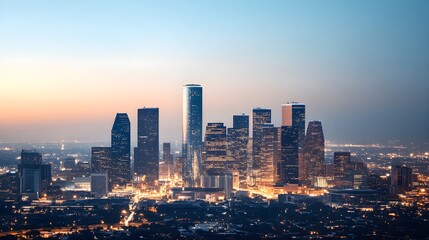 Obraz premium Stunning Vibrant Night Skyline of a Modern City with Illuminated Buildings Against a Deepening Sky, Capturing the Essence of Urban Life and Nighttime Beauty