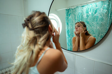 Daily morning beauty ritual showing woman's reflection in circular mirror as she performs her facial care routine in modern bathroom.