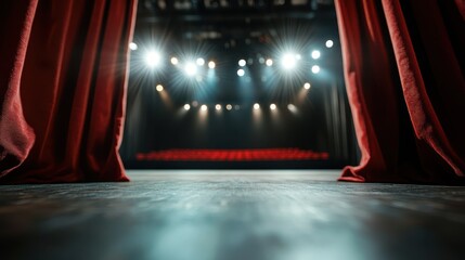 A stage view from behind red curtains, dramatic spotlighting brightens the scene and reveals red audience seats, setting a theatrical atmosphere for performances.