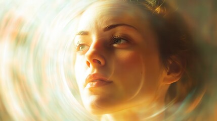 a woman experiences vertigo, her face reflecting the struggle of the condition. soft lighting adds an emotional depth, highlighting the challenges faced by those with health issues