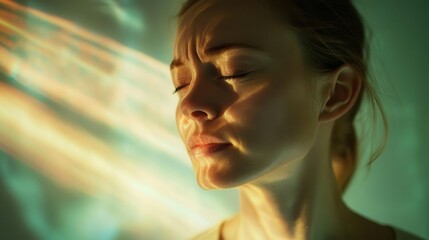 a woman experiences vertigo, her face reflecting the struggle of the condition. soft lighting adds an emotional depth, highlighting the challenges faced by those with health issues