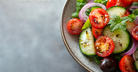 Delicious vegetable salad with fresh cucumbers, tomatoes, red onions and green salad leaves, perfect for showcasing Mediterranean flavors in restaurant menus or food magazines, copy space