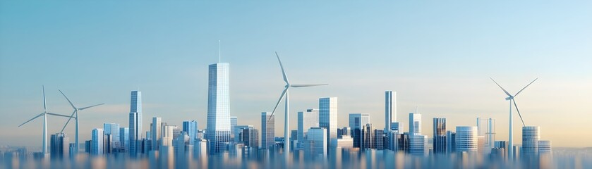 Fototapeta premium Modern Cityscape Featuring Sustainable Energy Solutions with Wind Turbines and Eco-Friendly Architecture Against a Clear Blue Sky