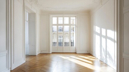Obraz premium A bright, empty room with large windows and wooden flooring, showcasing natural light and elegant architecture.