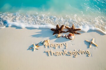 "Happy Thanksgiving" Written in Sand by the Ocean