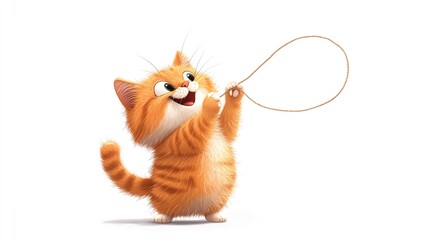 a 2D cartoon illustration of a cat playing with a ball of yarn, playful and curious, white background--ar 16:9