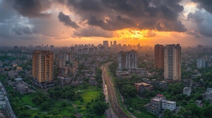 Naklejka premium A panoramic view of a city skyline at sunset with dark clouds and buildings.