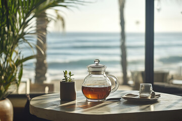 Siphon coffee in a stylish cafe with lush greenery, trendy concrete decor, bright shadows, health-conscious, vibrant, eco-friendly lifestyle