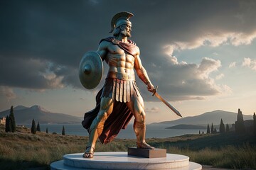 Digital Art of Greek Mythological Warrior Sculpture in Tranquil Landscape