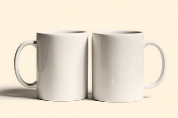 Two identical white mugs placed side by side. Both mugs have a smooth, glossy finish and feature a simple, rounded handle.