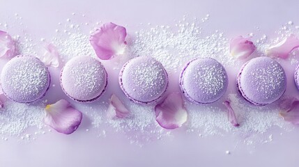 Elegant Purple Macarons with Powdered Sugar and Petals on a Soft Pastel Background for a Delicate Dessert Presentation and Stylish Culinary Showcases