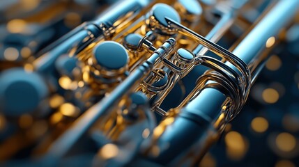 Fototapeta premium Close-up of a shiny brass musical instrument with intricate valve and tubing details, highlighted by soft-focus lighting and bokeh effect.