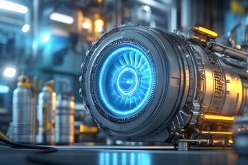 Fototapeta premium A large and powerful aircraft engine with a blue metallic texture is placed in the center of an industrial factory, surrounded by various energy equipment such as gas tanks