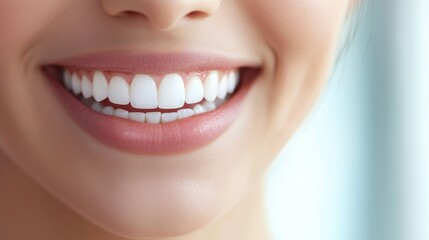 Fototapeta premium Bright and Healthy Smile of a Young Woman with Perfect Teeth Showcasing Oral Care and Confidence in a Soft Natural Light Setting