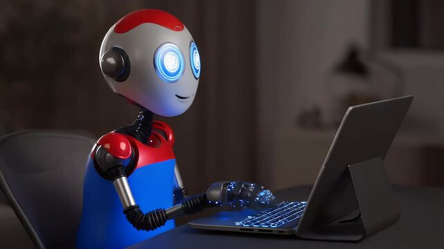 A friendly robot with glowing blue eyes works on a laptop computer.