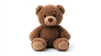 adorable brown teddy bear sitting upright, isolated on a clean white background, radiating a sense of comfort and nostalgia, perfect for evoking childhood memories and warmth