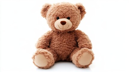 adorable brown teddy bear sitting upright, isolated on a clean white background, radiating a sense of comfort and nostalgia, perfect for evoking childhood memories and warmth