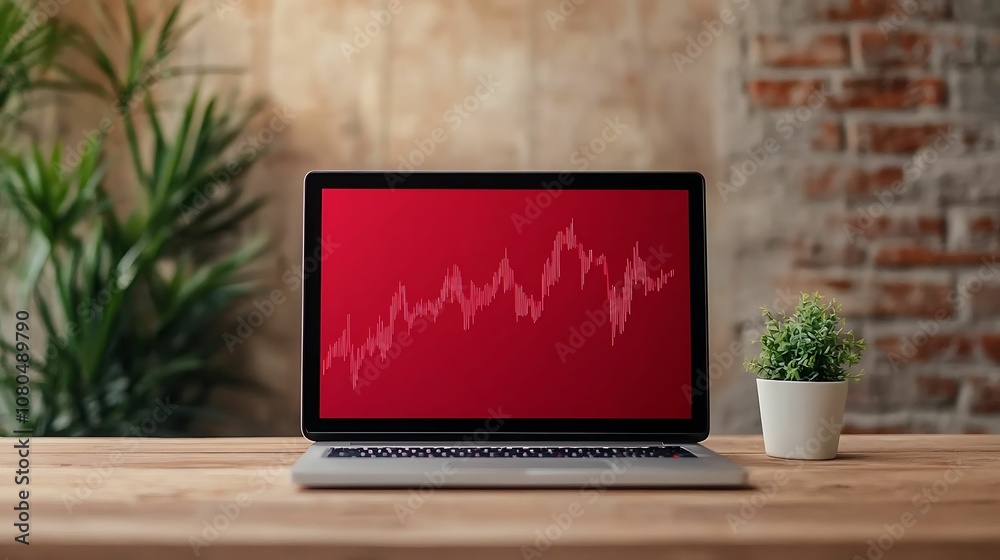 Wall mural energy stock investment fossil. a laptop displaying a rising graph on a red background, set on a woo