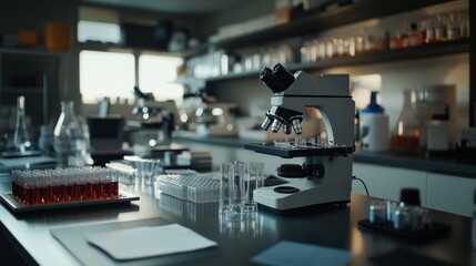 A modern laboratory setting with microscopes and glassware for scientific research.