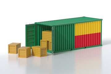 Cargo Container with Open Doors and Benin National Flag Design. Wooden Boxes Stack Isolated on White Background. 3d Rendering