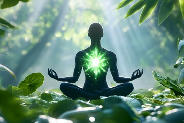 An ethereal and mystical digital art piece featuring the silhouette of a person in a lotus pose, with their body illuminated by a green light that seems to emanate from within