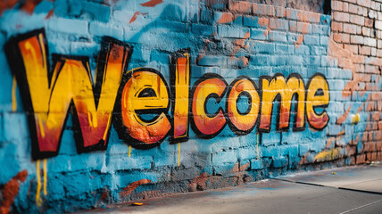 Colorful word Welcome as graffiti symbol on the wall, street art