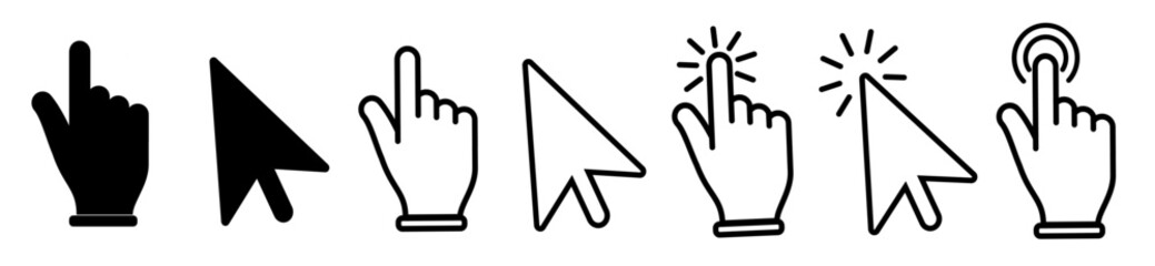 Set of computer mouse click cursors with gray arrow icons and loading symbols. Vector illustration.